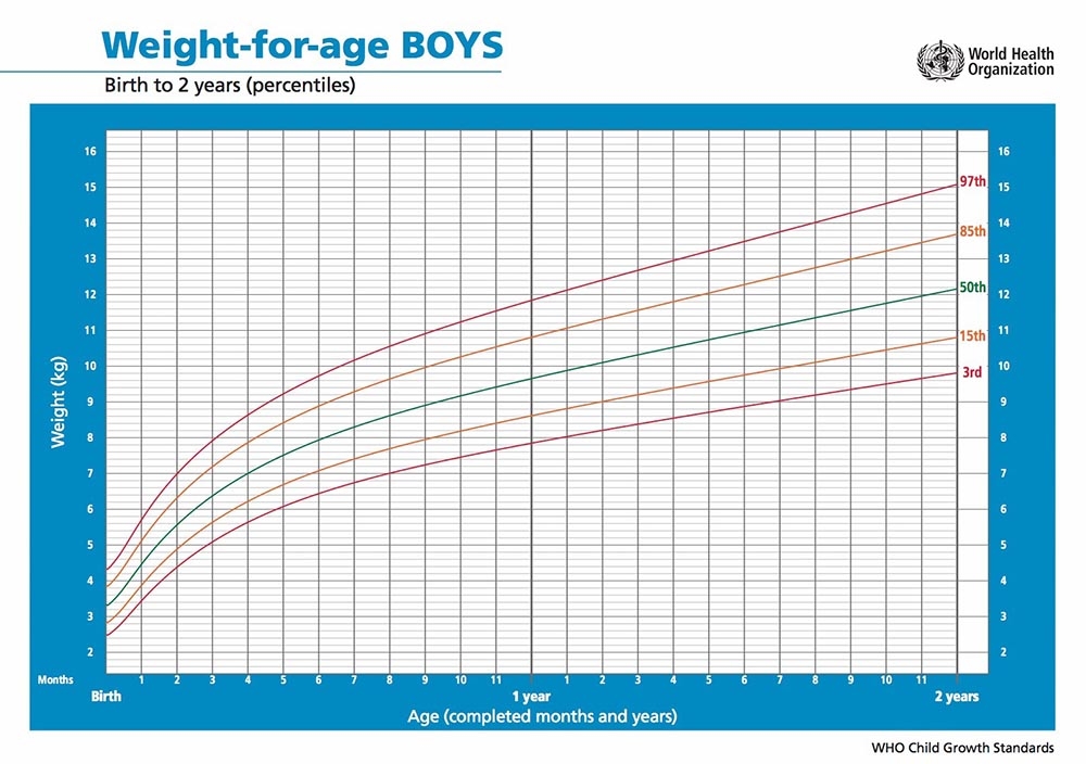 The World Health Organization's infant growth chart for boys aged 0-2.